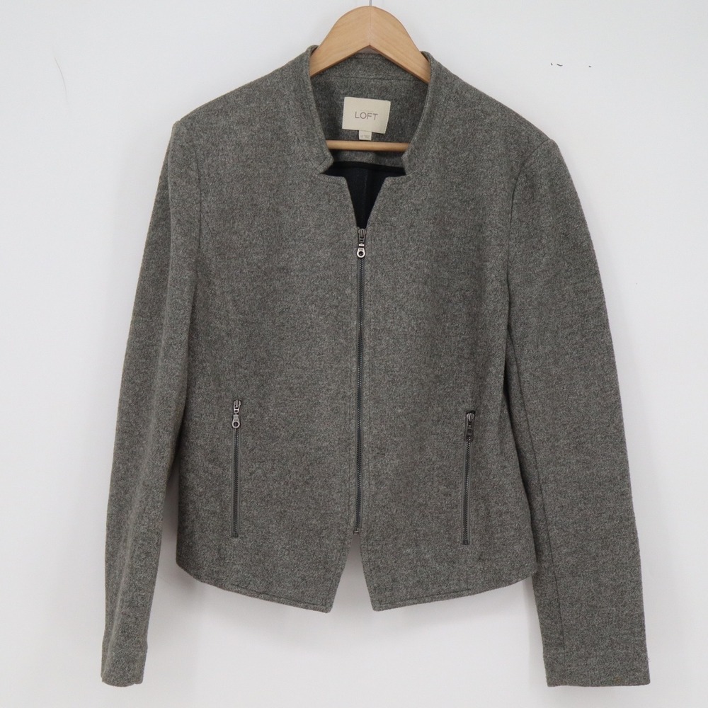 LOFT Jacket Womens 12 Full Zip Collarless Moto Grey Textured Cotton Blend